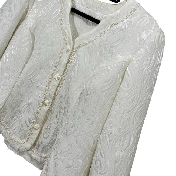 Vintage 90s Handmade Cream Floral Jacquard Blazer Jacket XL - Picture 3 of 12